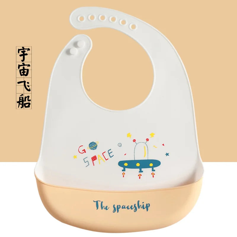 Cute Baby Bibs Waterproof Silicone Bib Infant Toddler Feeding Saliva Towel Cartoon Adjustable Children Apron with Pocket Scarf