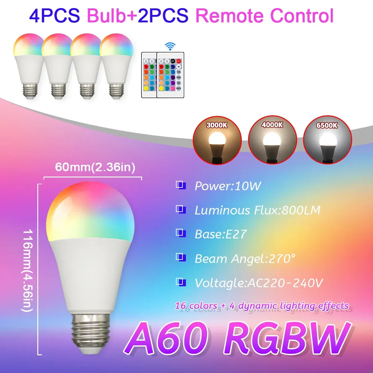 E27 RGB LED Light Bulb 220V 10W with IR Remote Control Color Changing Multicolor + White Lamp Spotlight for Bedroom Party Home