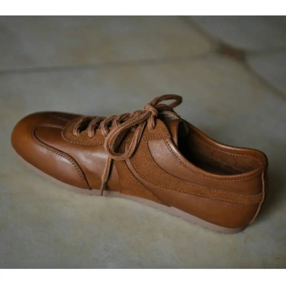 Leather Retro Women's Deqin Shoes Spring Autumn New Style Versatile Square Head Flat Bottom Genuine Leather Sports Shoes