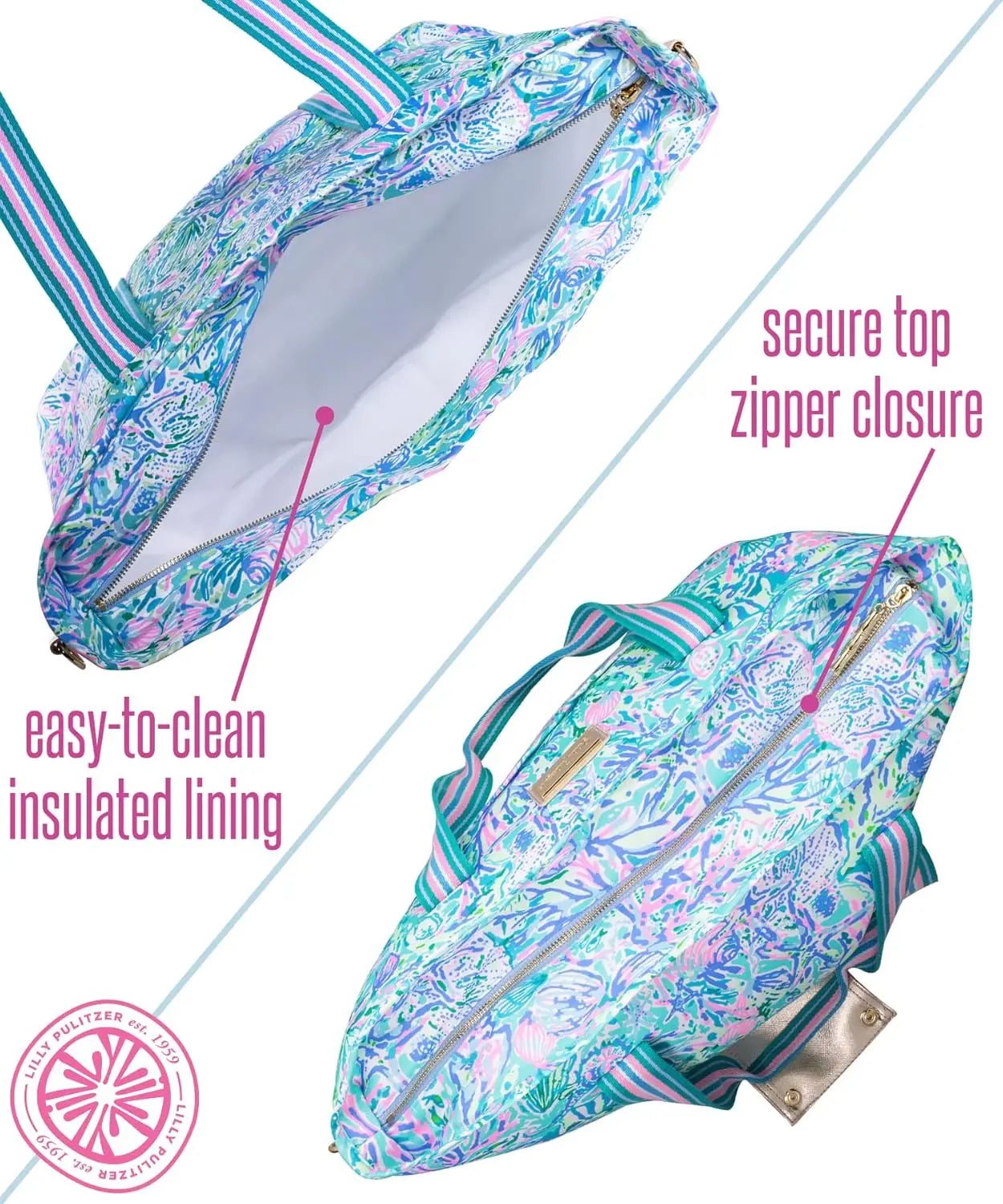 Lilly Pulitzer Picnic And Beach Cooler, Insulated Cooler Bag With Adjustable Shoulder Strap And Zippered Top, Large Soft Cooler
