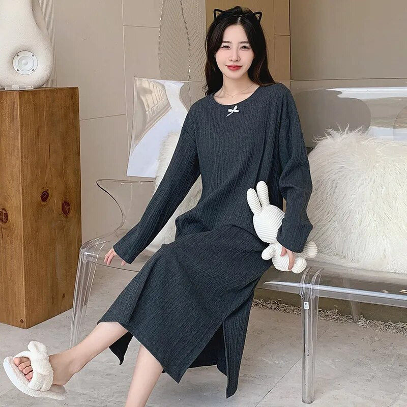Modal Chic Long Knitted Women Home Dress O Neck New Autumn Winter Solid Kawaii Fashion Night Gown Woman Nightgown for Girls