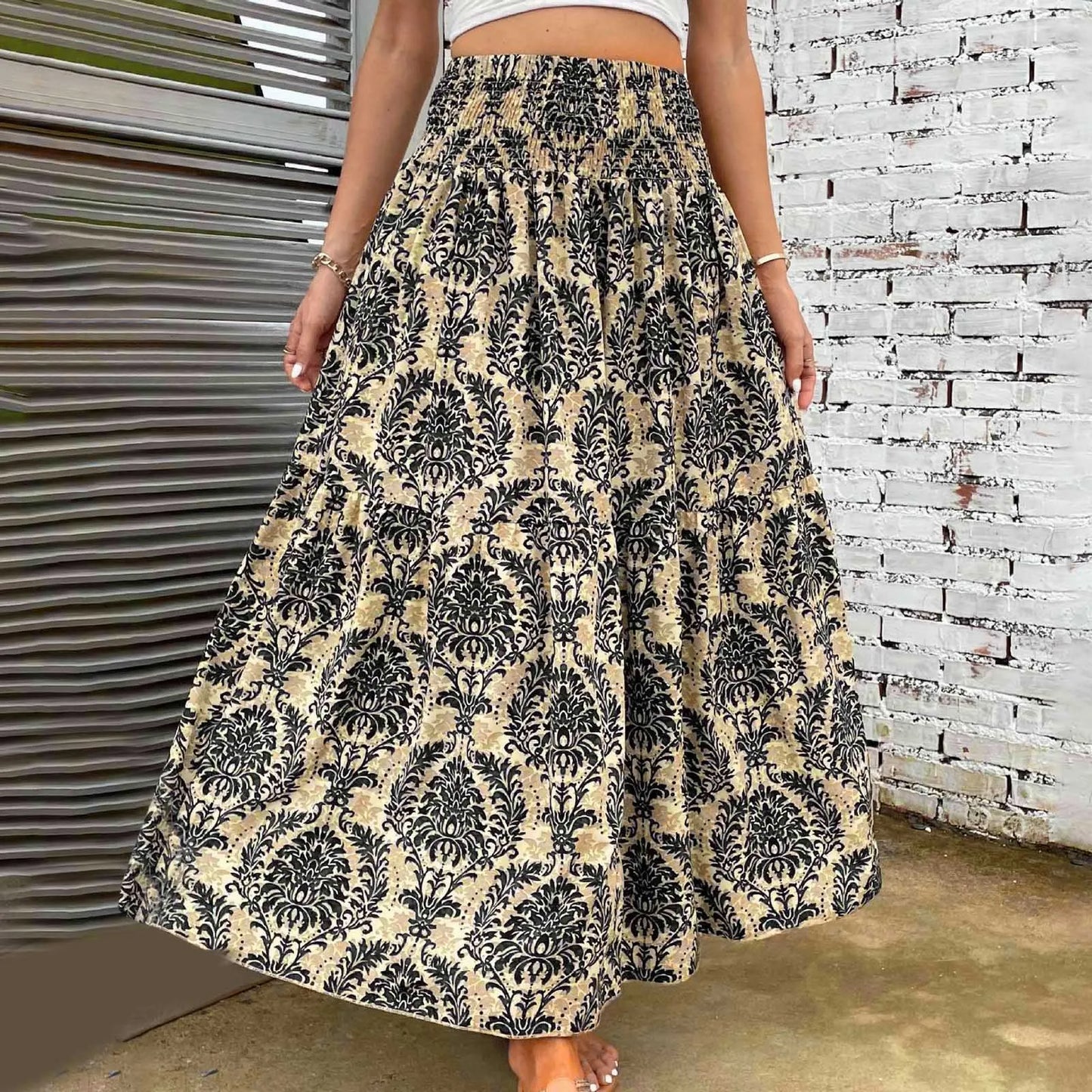 Vintage Boho Skirts For Women Summer Elastic Waist A-Line Faldas Bohemian Printed Flowy Skirt Beachside Swing Maxi Long Skirts