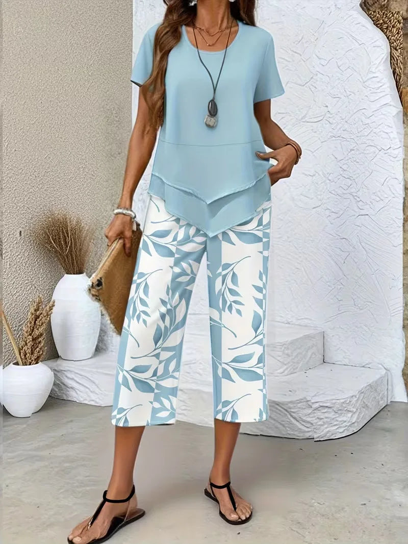 Lady Summer Casual Cropped Pants Two-piece Set Fashion Solid Color Top+printed Pants Suit Women's Irregular Hem Tops Outfit