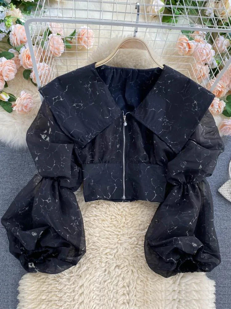 Women's  Autumn Spring Blouse European Court Style Retro Puff Sleeve Big Lapel Short Zipper Printed Shirts Female Blusa PL541