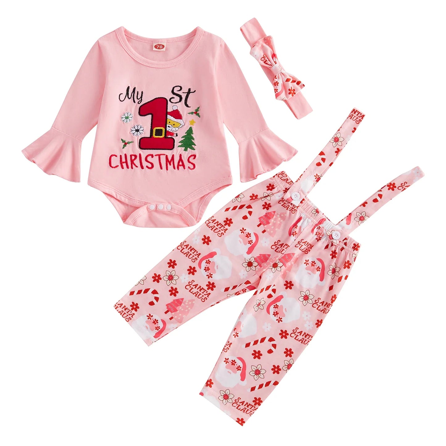 0-18 Months Baby Girls Christmas Outfits Long Sleeve Romper with Suspender Pants Headband Set Newborn Fall Clothes