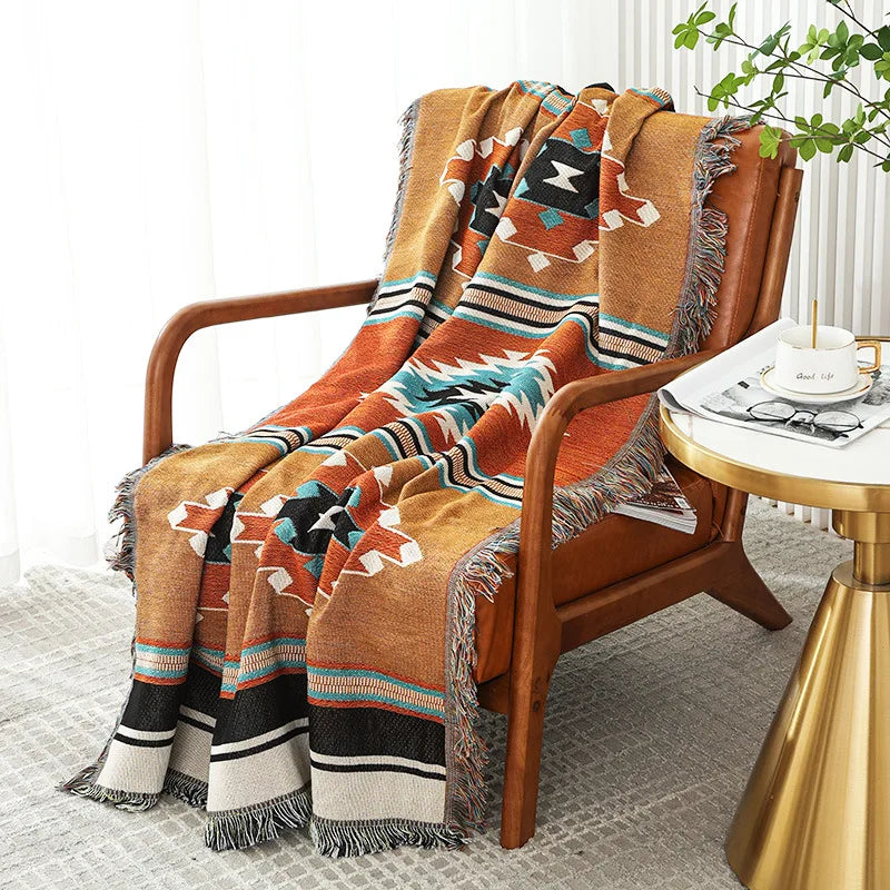 Retro Indian Style Thread Blanket Countryside Geometry Sofa Cobertor Hanging Tapestry Cotton Knitted Sofa Blanket for Bed Travel