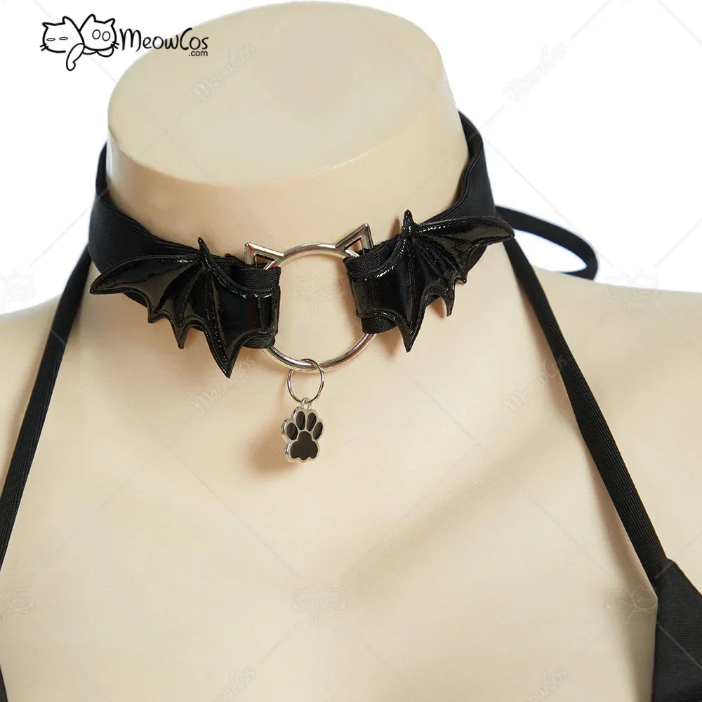 Meowcos Women‘s Midnight Meow Gothic Black Cat Bat Two-Piece Swimsuit Halter Top and Skirt Bathing Suit with Choker