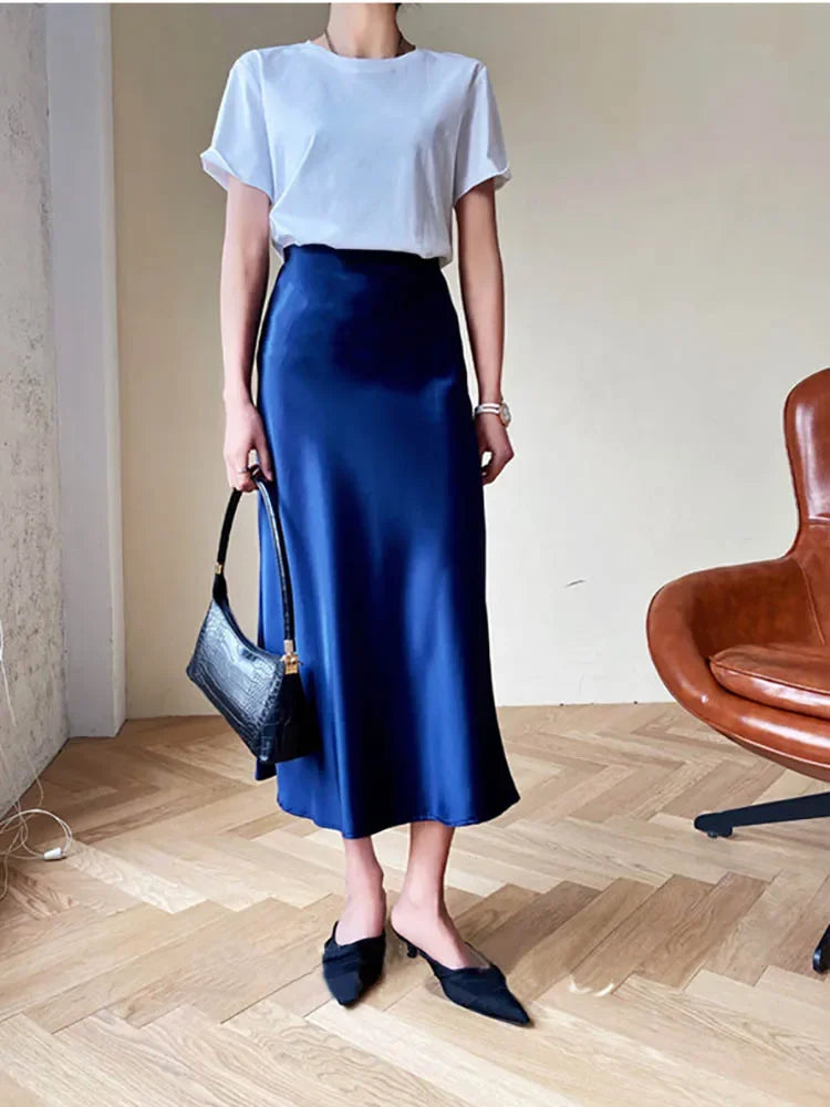 Elegant Women's Skirts Korean Fashion Satin Silk A-line Skirt Office Black Champagne Long Summer Skirts Woman Fashion 2024