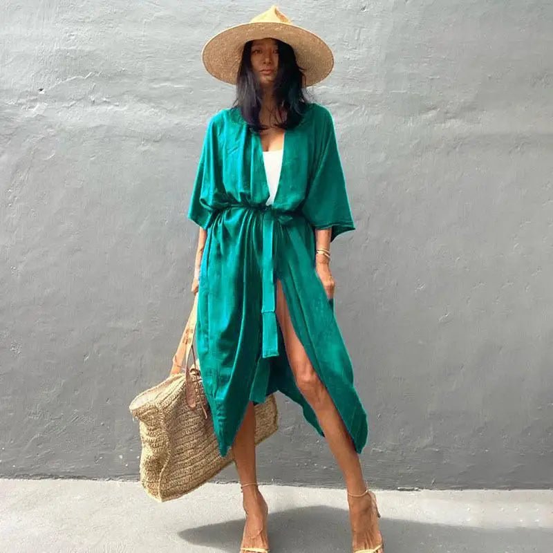 2023 Women's Boho Stripe Tie Dye Swimsuit Cover Up with Belt Tunic Sarong Cardigan Dress Bikini Cover-ups Beach Wear Kimono