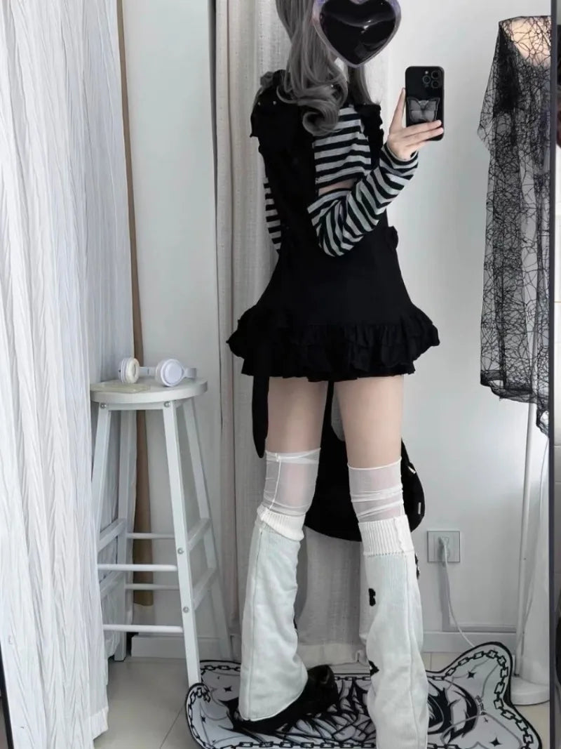Vintage Striped Patchwork Sleeve T-shirt for Women+ Cute Cat Ear Hooded Sleeveless Jackets Early Autumn New Two Piece Sets