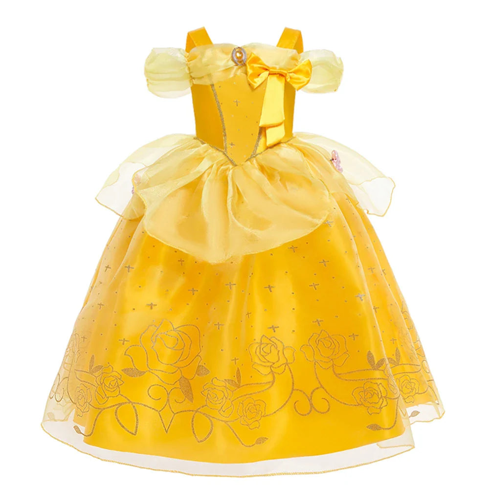 Halloween Girls Princess Belle Dress Up Evening Party Yellow Shoulderless Elegant Long Dresses Beauty Beast Fairy Costume Wig