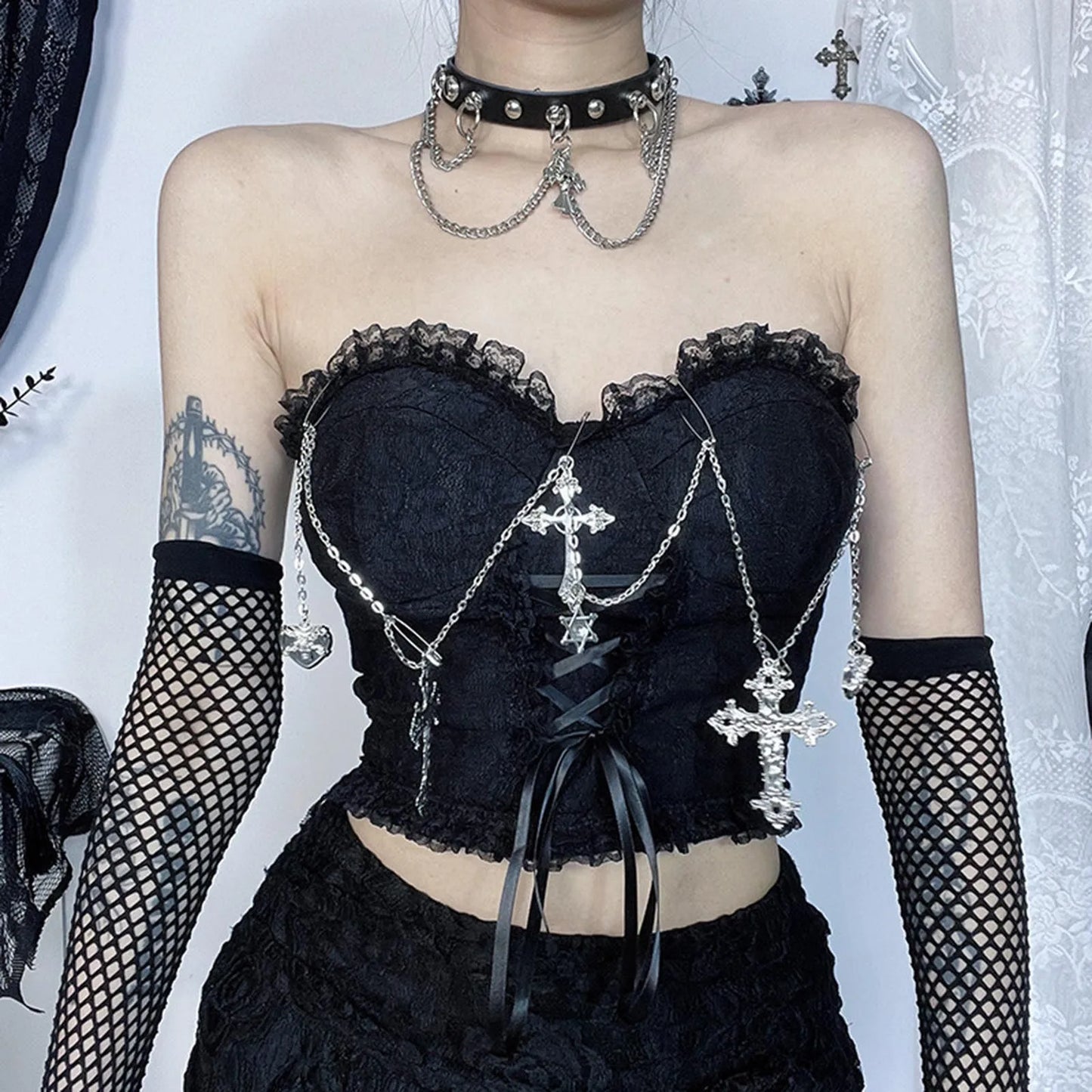 Gothic Cross Chain Crop Tube Top Women's Harajuku Lace Trim Strapless Tank Tops Y2K Clothes Punk E Girl Hippie Party Grunge Tops