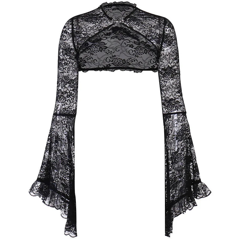Flare Sleeve Lace Top Shrug Gothic Style Dark Waistcoat Women Round Neck Off-Shoulder Coat Goth Clothes Y2k Cropped Tops