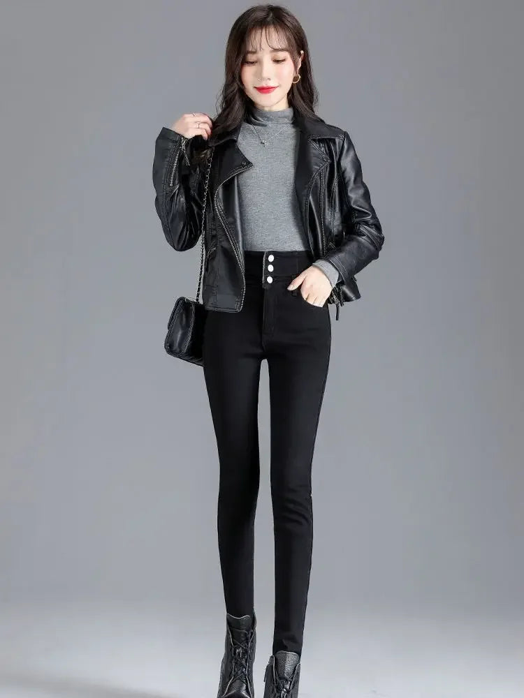 New Winter Thick Velvet Women High Waist Skinny Jeans Simple Fleece Warm Slim Fit Stretch Ladies Casual Denim Mom Pencil Pants