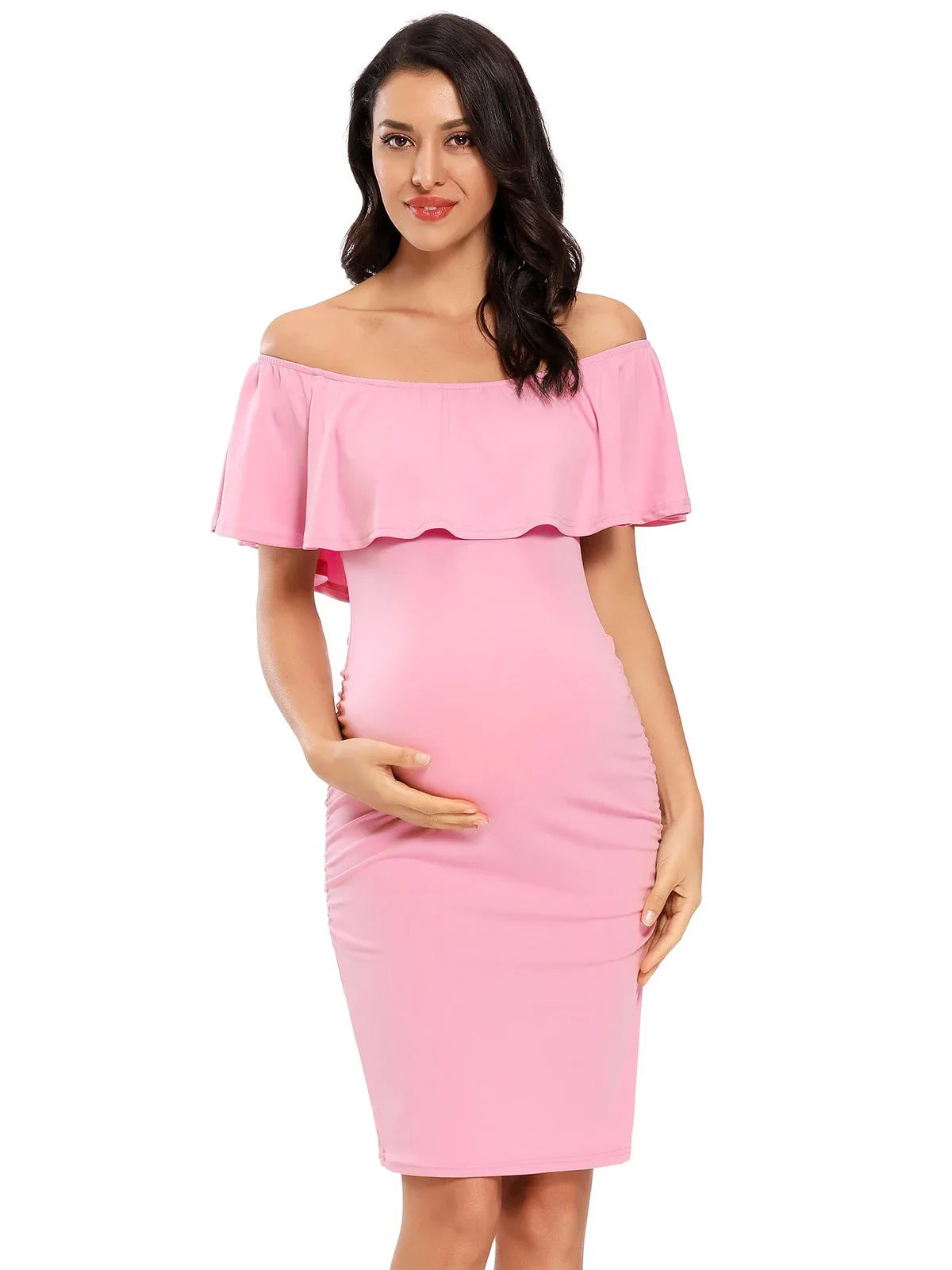 Liu&Qu Women's Maternity Dress Off Shoulder Ruffle Sleeveless Bodycon Dress Elegant Ruched Sides Bodycon Dresses for Baby Shower