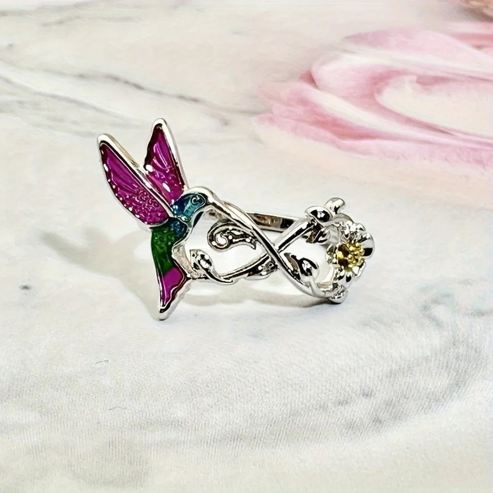 1pc Cute Hummingbird and Flower Design Ring Infinity Symbol Decor Ring Anniversary Party Gifts, Jewelry, Niche Style Hot List,