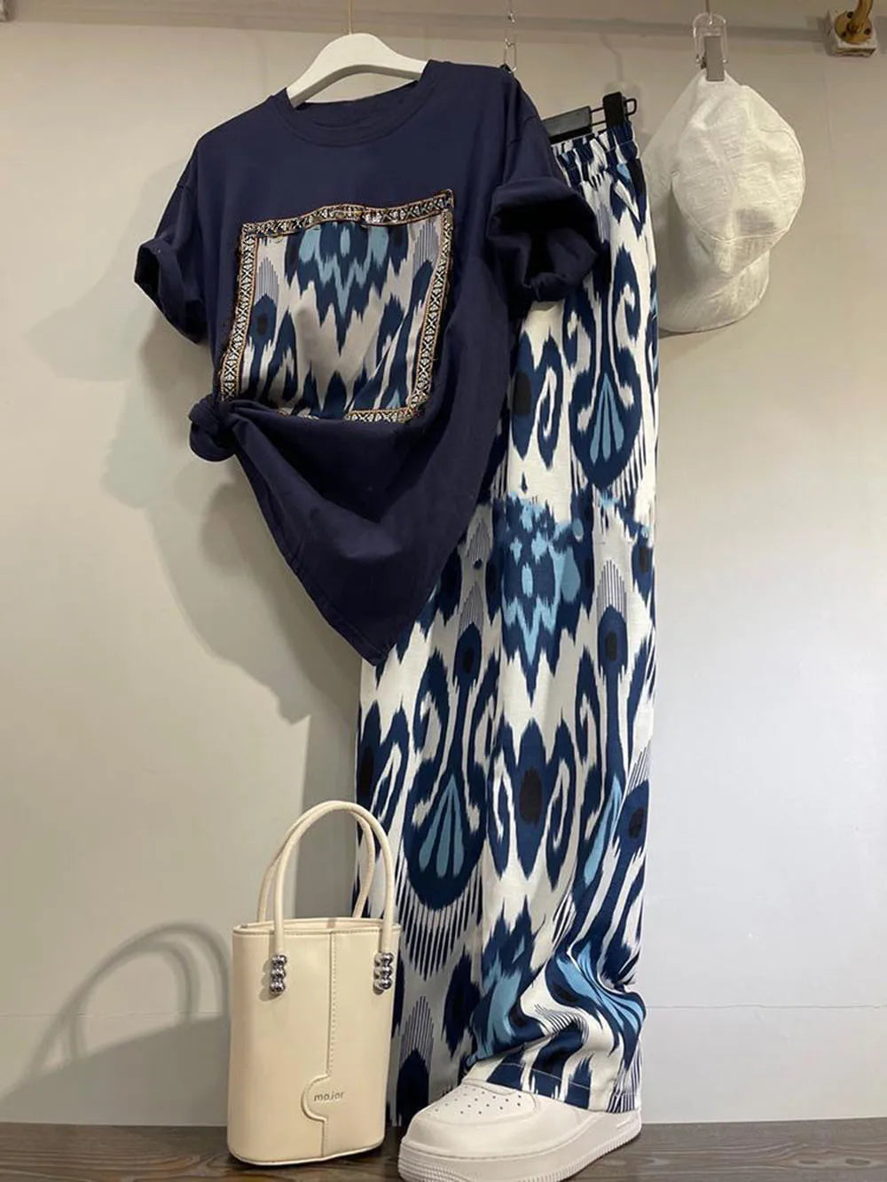 Fashion 2piece Set Women's Summer Thin O-neck Short Curled Sleeves Printed Patchwork T-shirt+Elastic Loose Wide Leg Pants