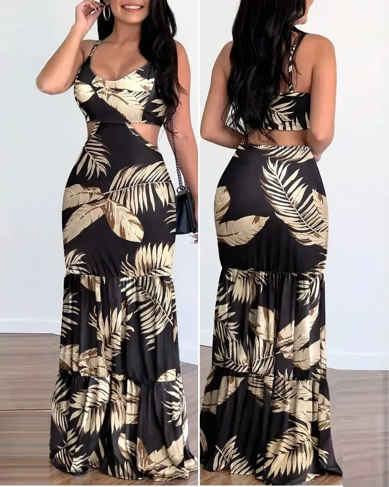 Women's Summer New Elegant Print Fashion Floral Sexy Backless Boho Maxi Ruffle Hollow Out Long Slim Beach Suspender Sheath Dress