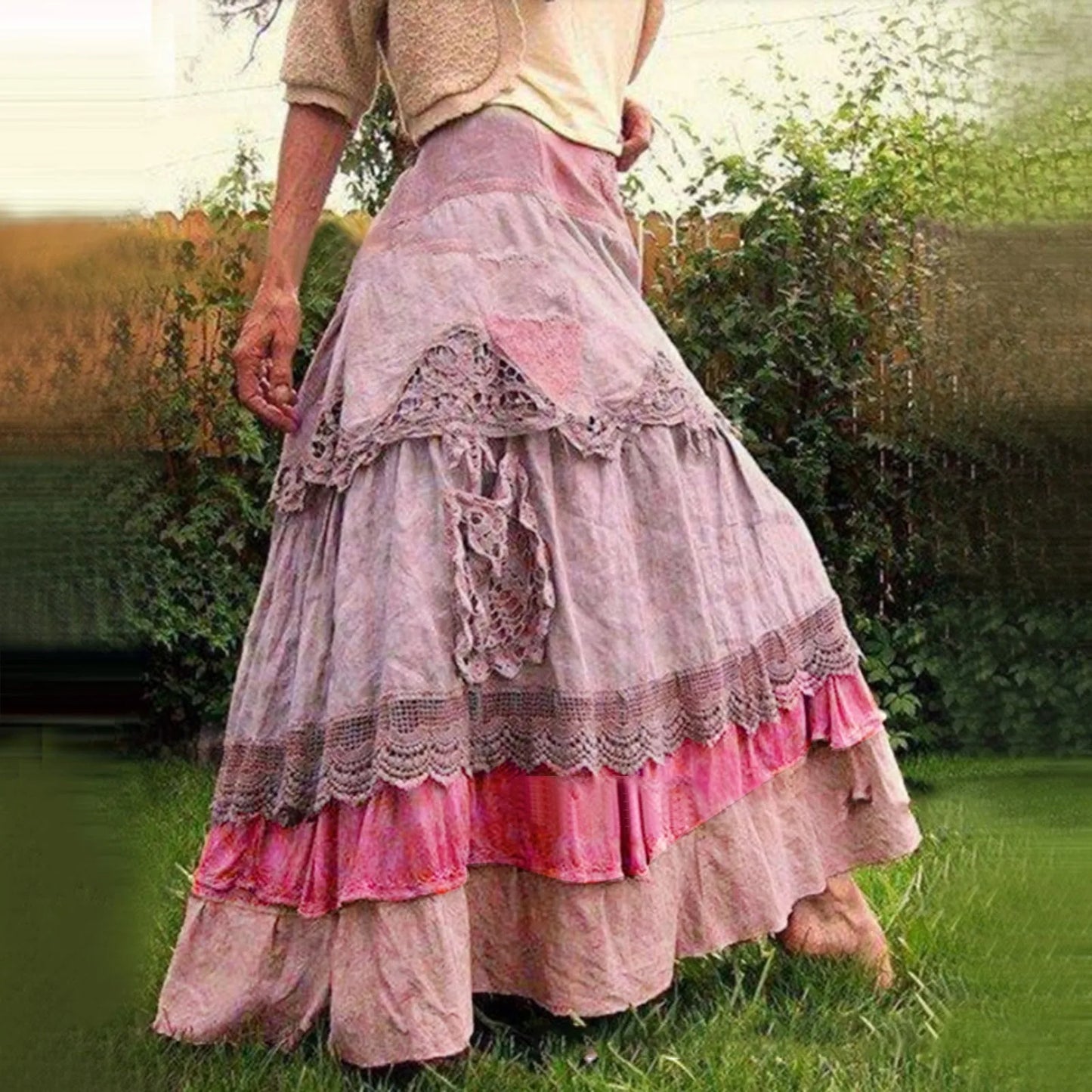 Women's 2025 Summer Boho Tiered Long Lace Skirt Maxi Flared Long Skirts For Women Fairy Casual Patchwork Layered Long Skirts