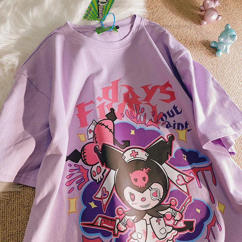 Sanrio Kuromi Summer 2023 Women's Clothes Japanese Fashion Y2k Short Sleeved White T-shirt Oversize Tops Young Girl Couples Tees