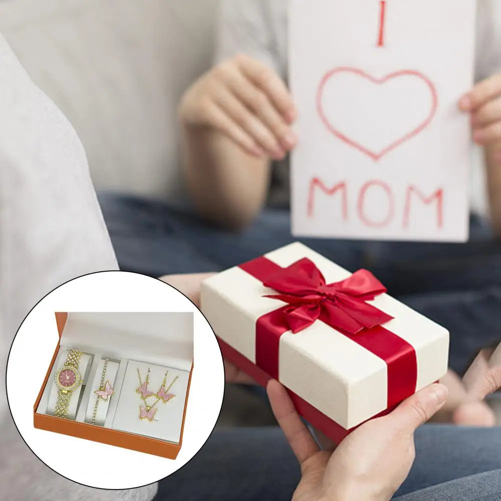 1 Set Women Jewelry Set with Gift Box Complete Collection of Quartz Watch Necklace Bracelet Ring Earring Set Golden Jewelry Gift