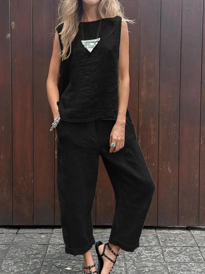 Summer Cotton And Linen Casual Outfits Female Fashion Solid Color Two-piece Set For Women Sleeveless Top Trousers Women's Suit
