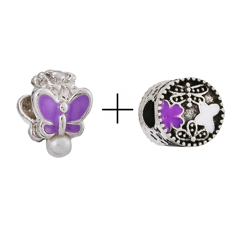 BRACE CODE 2Pcs/Lot Pan Spring New Purple Charm Love Floral Diy Beads Pendant Making Men's Women's Children's Fine Bracelets