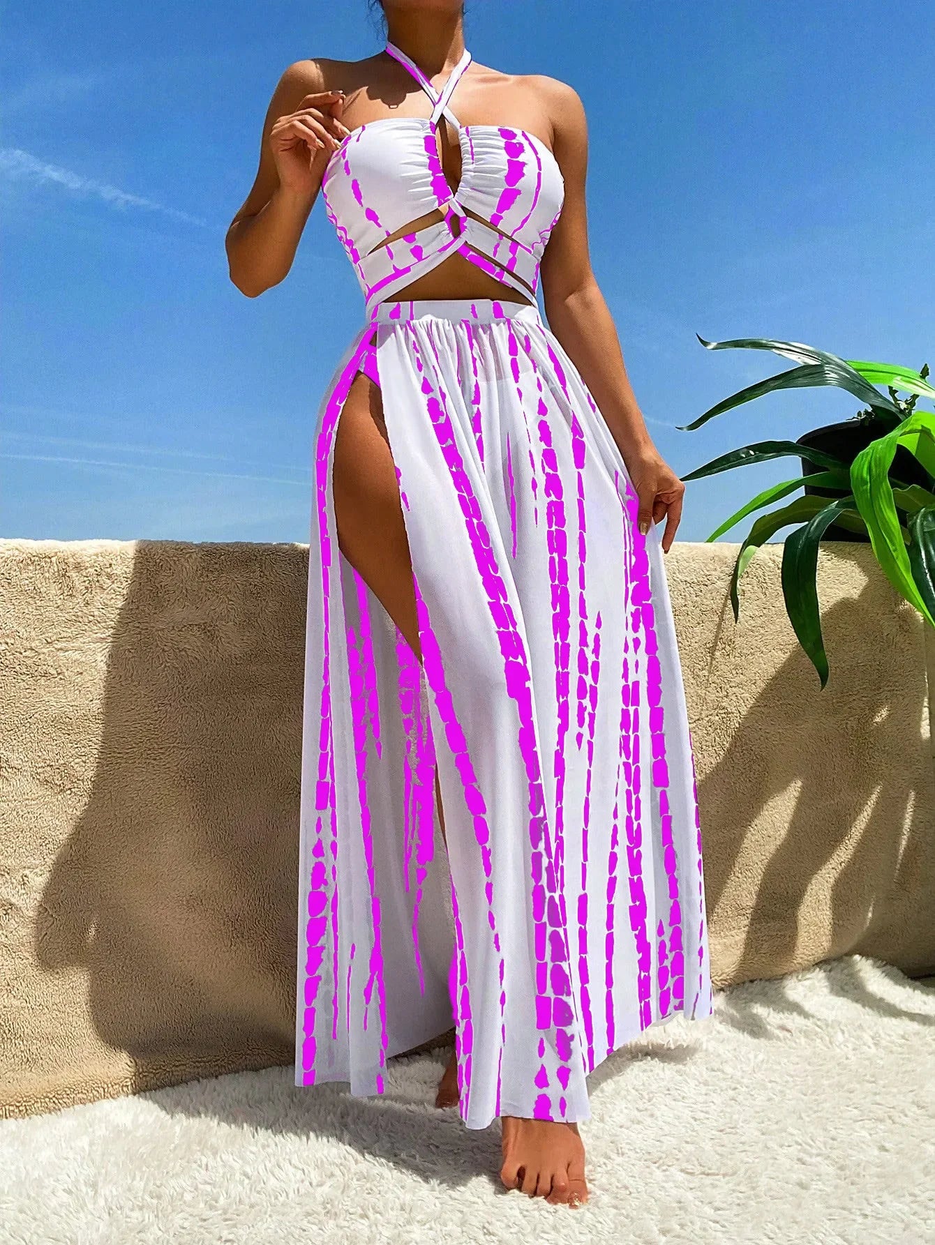 3 Pieces Swimsuit Women Tie Dye Print Swimwear Sexy Halter Bandage Bikini Set&Side Split Dress Cover-Up Beachwear Bathing Suits