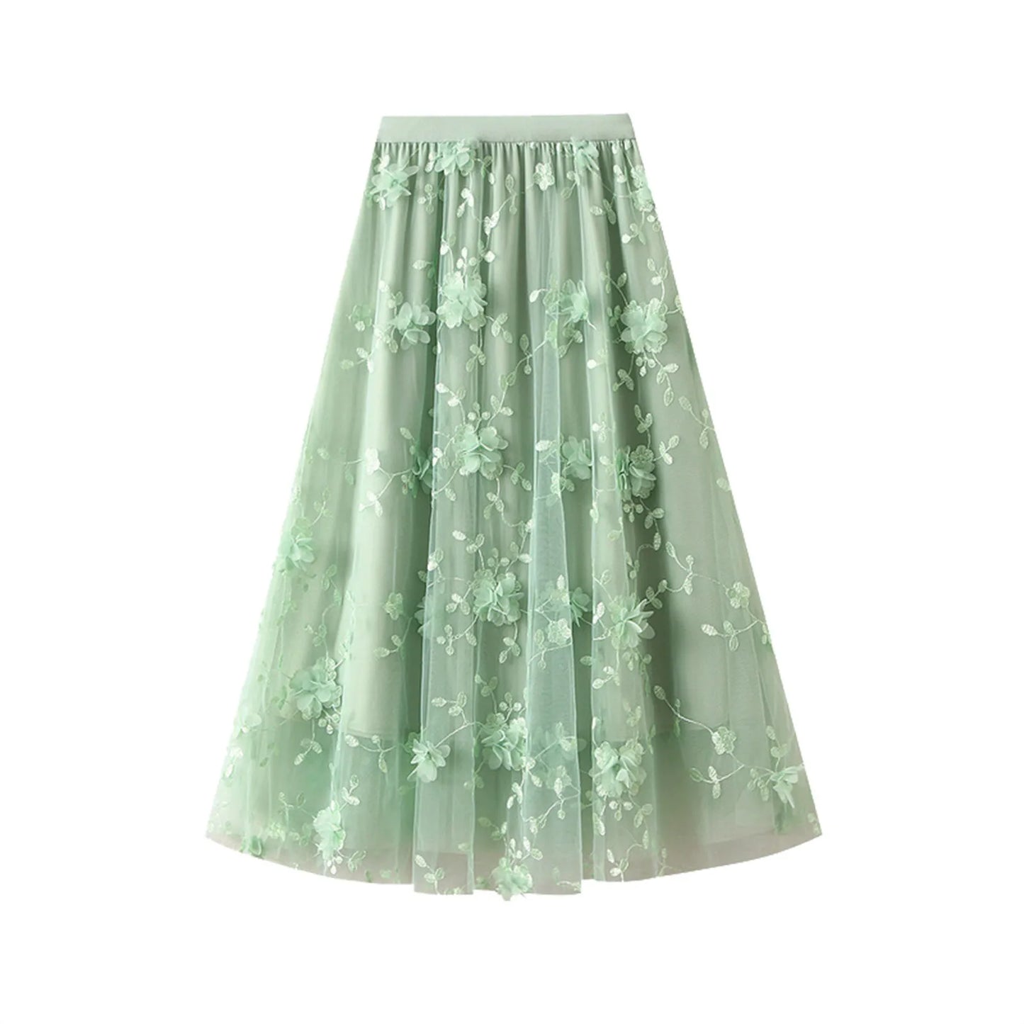 Korean Style Women's Floral Embroidered Mesh Skirt Harajuku High Waist A Line Midi Skirts Elegant Tulle Skirt Faldas Mujer
