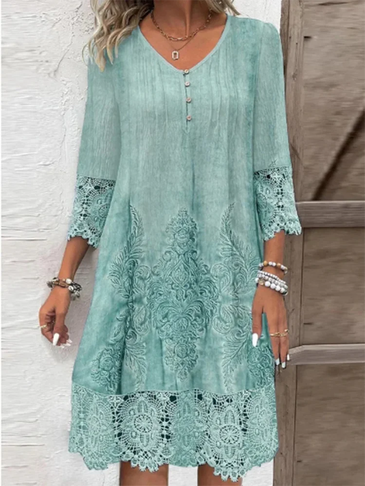 Button V-neck Short Sleeved Lace Printed Women's Dress Elegant Casual Fashionable High Street Spring Dresses