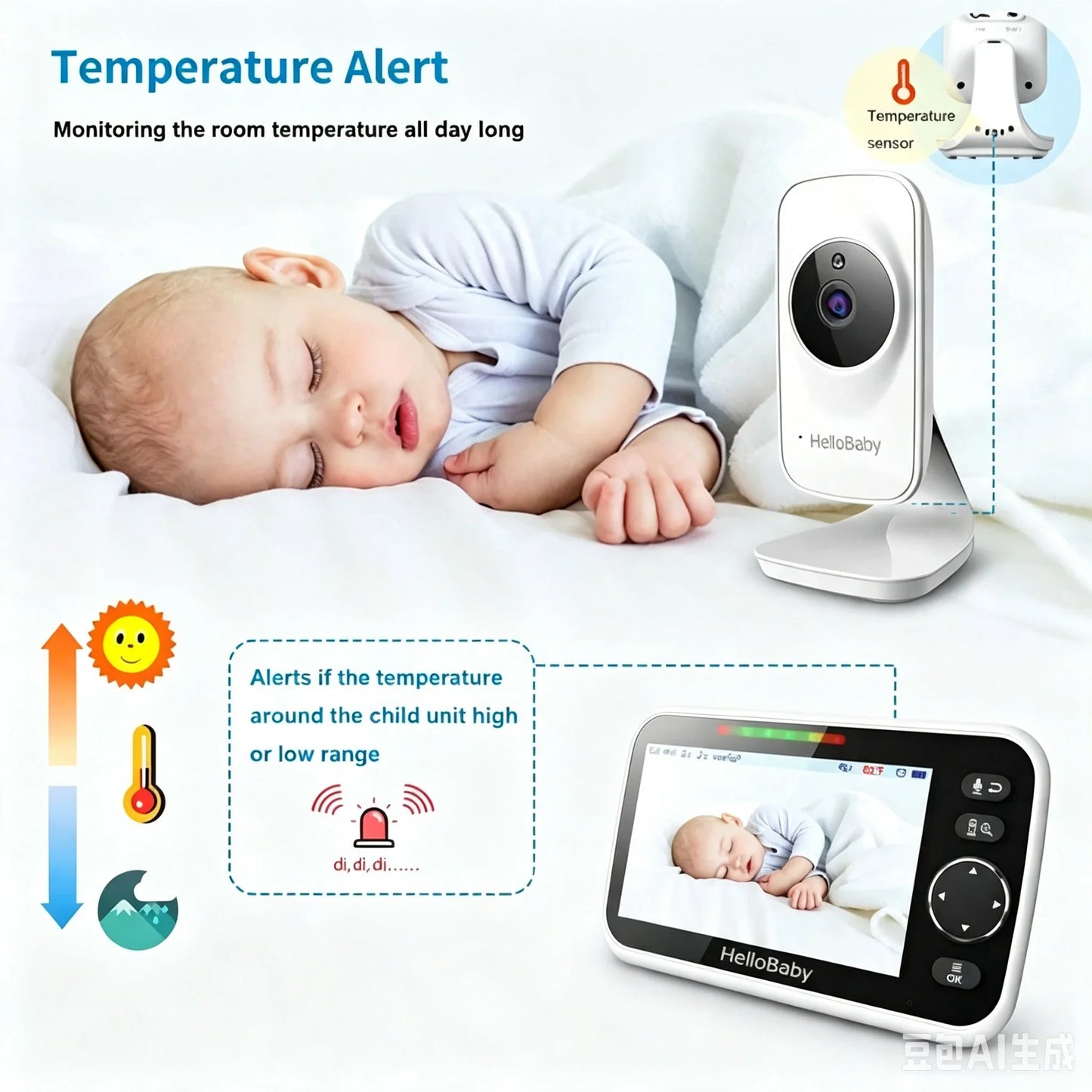 HelloBaby HB050 Baby Monitor, 5.0'' Diagonal Color Screen, Two-way Talk, Crying Detection, Infrared Night Vision, Temperature Detection, 2x Digital Zoom, Lullaby Playing