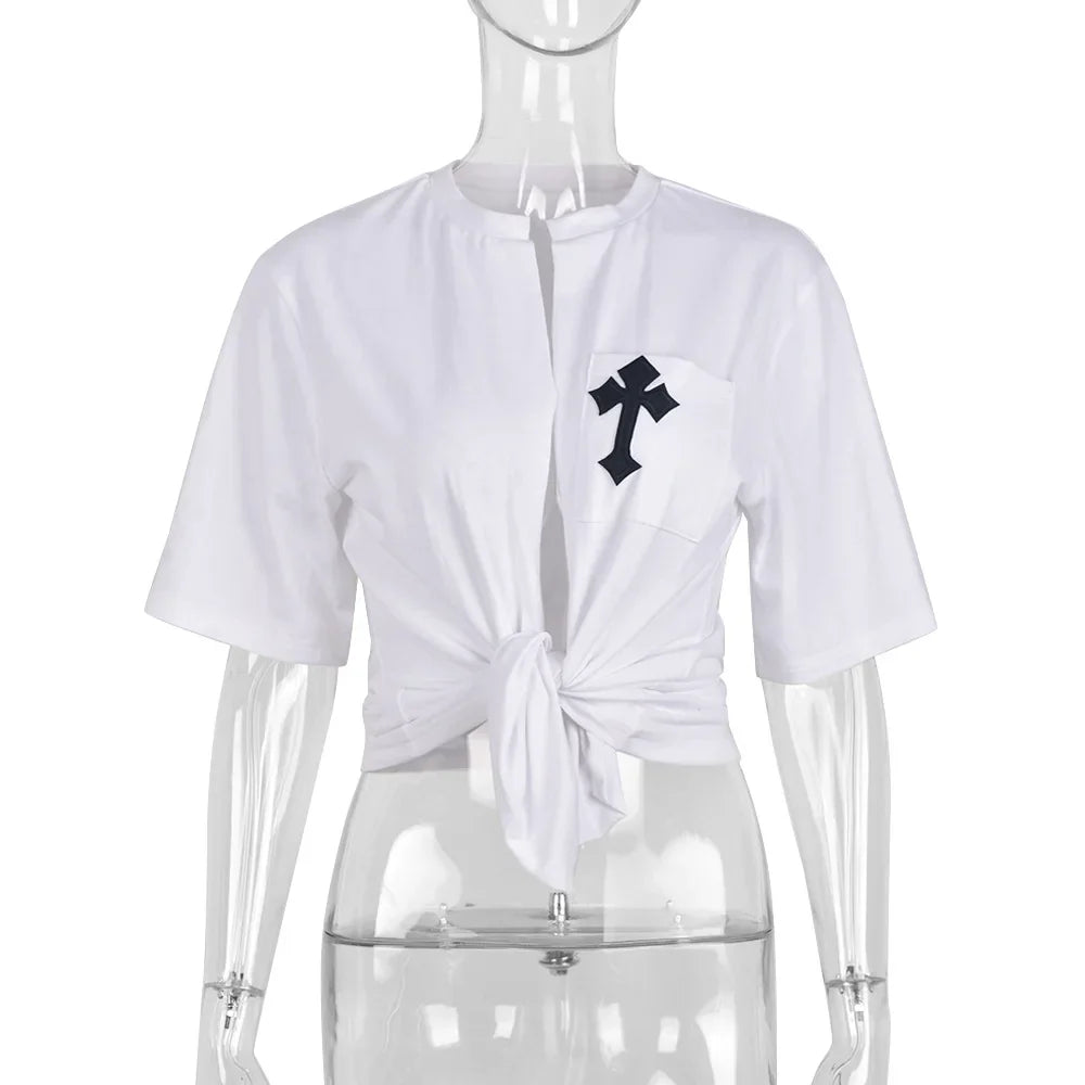Perl White Cross Hollow Out Shirts for Women Summer Short Sleeve Female Clothes Fashion Christianity Pattern Crop Top Casual Tee