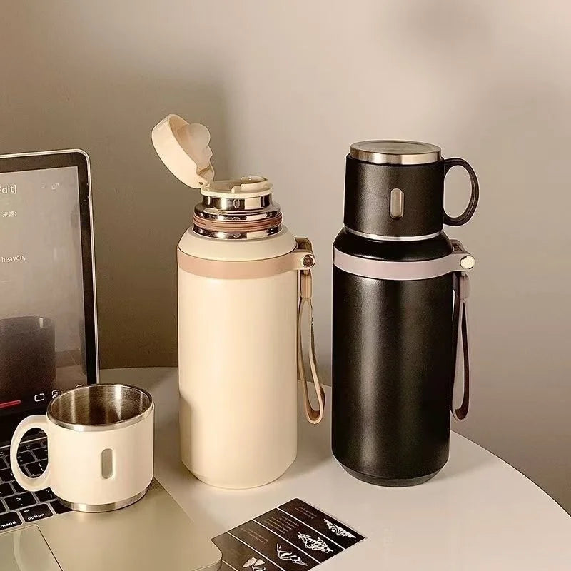 600ML Stainless Steel Insulated Bottle, with Cup Lid Rope Handle, Office, Home ,Portable Thermos Cup.