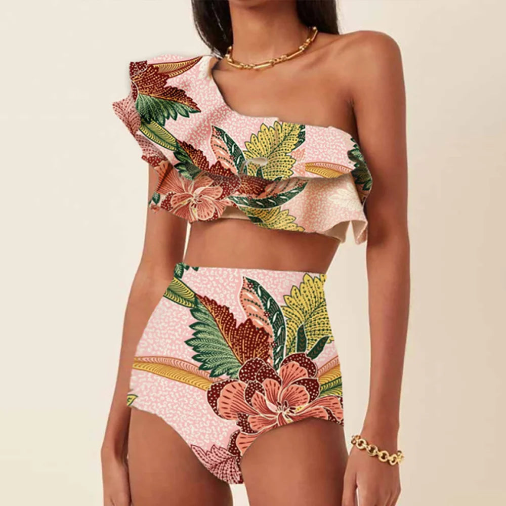 Women's Printed Ruffle Swimsuit Fashion One Shoulder Slash Breasted Bikini Two Piece High Waisted Tummy Tuck Beachwear 2024 New