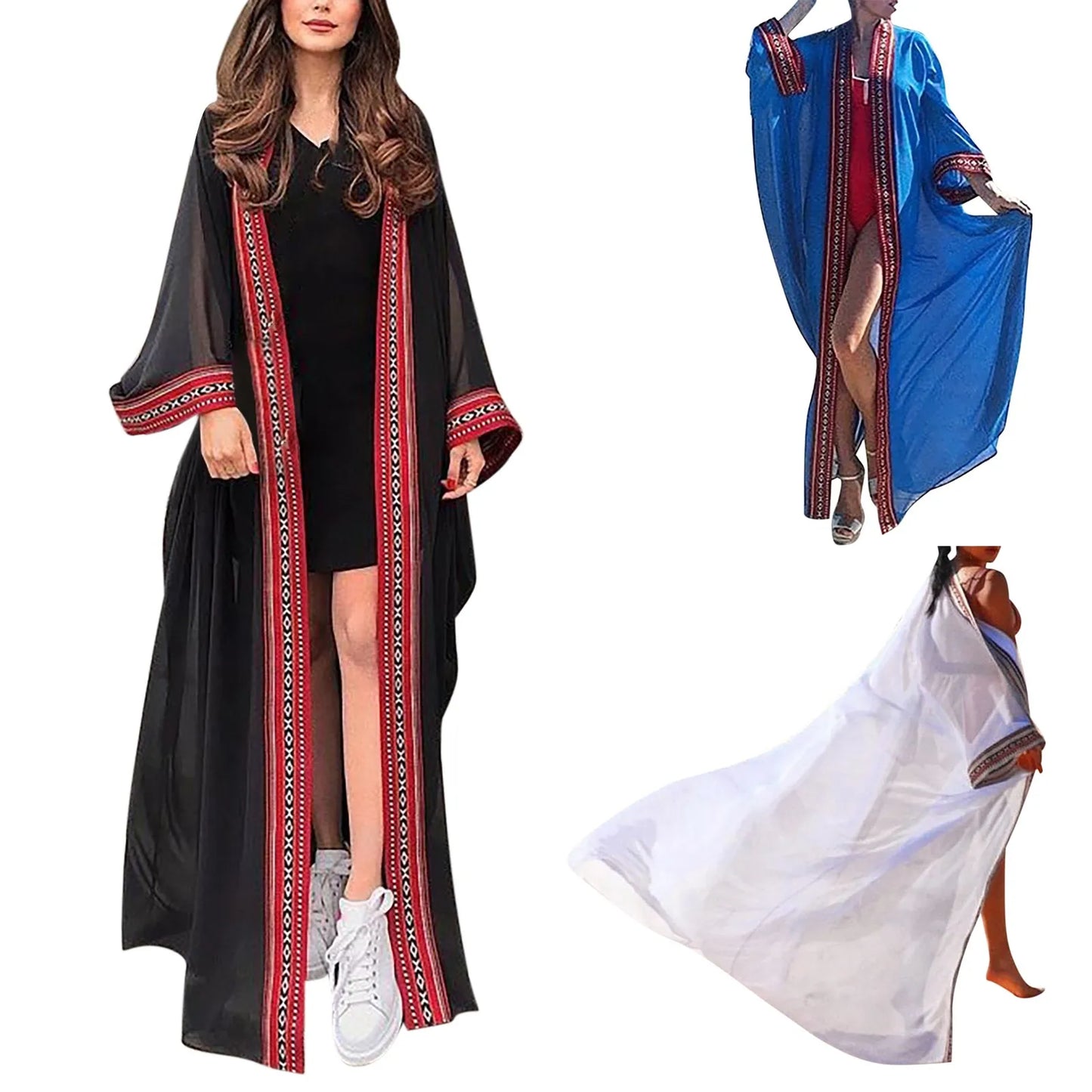 White Chiffon Long Maxi Kimono Cardigan Women Beach Cover Up Embroidery Edge with Belt Tunica Kaftans Femininos Beachwear 2024