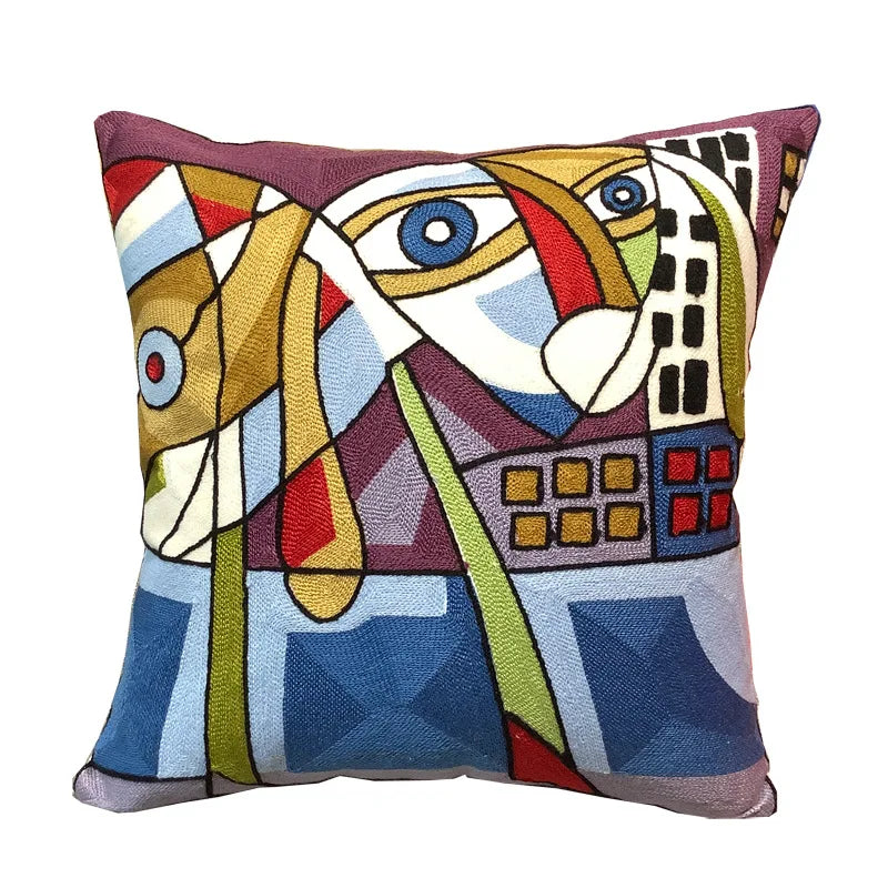 Drop Ship Cotton Canvas Embroidery Pillow Cover Abstract Cushion Cover Home Decor Cushion Decorative Pillow Case Pillow Sham