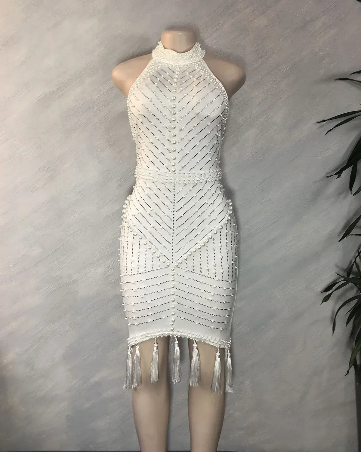 Women Summer Fall Midi Dress Halter Pearl Hot Diamond Tassel Dress Backless Sexy Club Night Party Street Bandage Dresses GL2225
