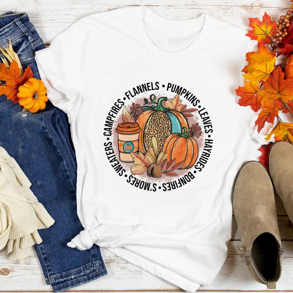 Just A Girl Who Loves Fall Shirt Thanksgiving Graphic Tee Clothes Fashion Pumpkin Spice Print T Shirt Tops Holiday Female Outfit