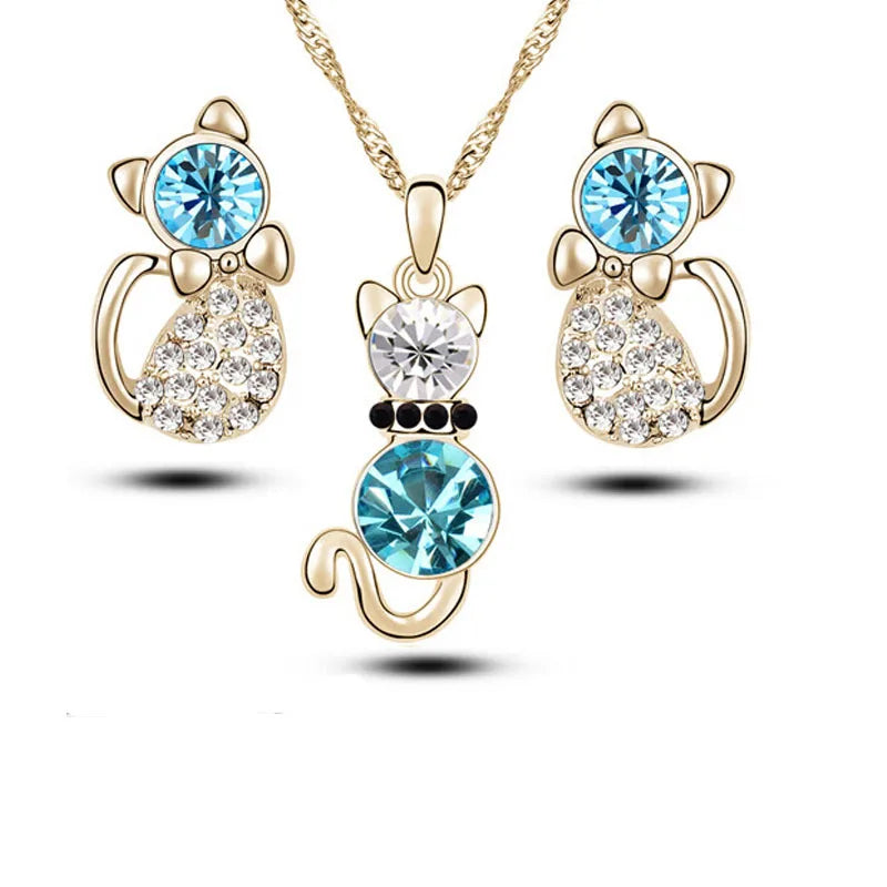 Crystal cute cat catty pendant necklace earrings quality charm lover gift fashion jewelry set birthday summer party dropshipping