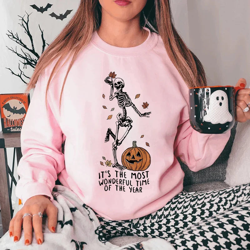 Halloween Skeleton & Pumpkin Print Sweatshirts Casual Long Sleeve Crew Neck Sweatshirt Women's Plus Size Clothing