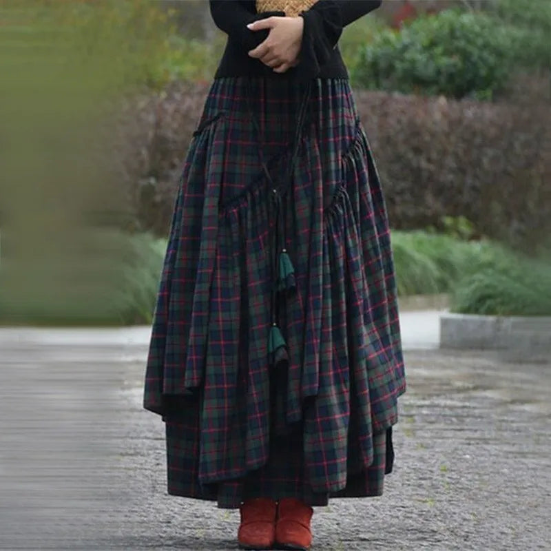 Vintage Weekend Skirt Full Bed Women'S Checked Skirt Long Tartan Retro Maxi Skirt High Waist Tartan Skirt Flared Shape Clothes