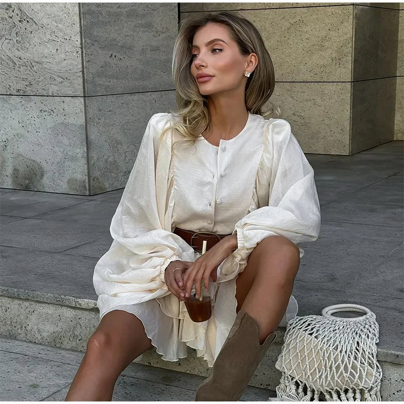Elegant Layer Ruffles Hem Mini Dresses Chic Loose O Neck Lantern Sleeve Button A-line Cake Dress New Ladies High Street Vestidos