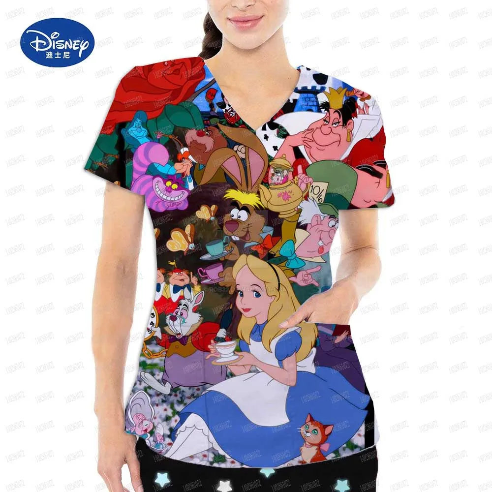 Medical uniform for women Alice's in Wonderland top frosted hospital work short sleeved T-shirt nurse accessories dental surgica