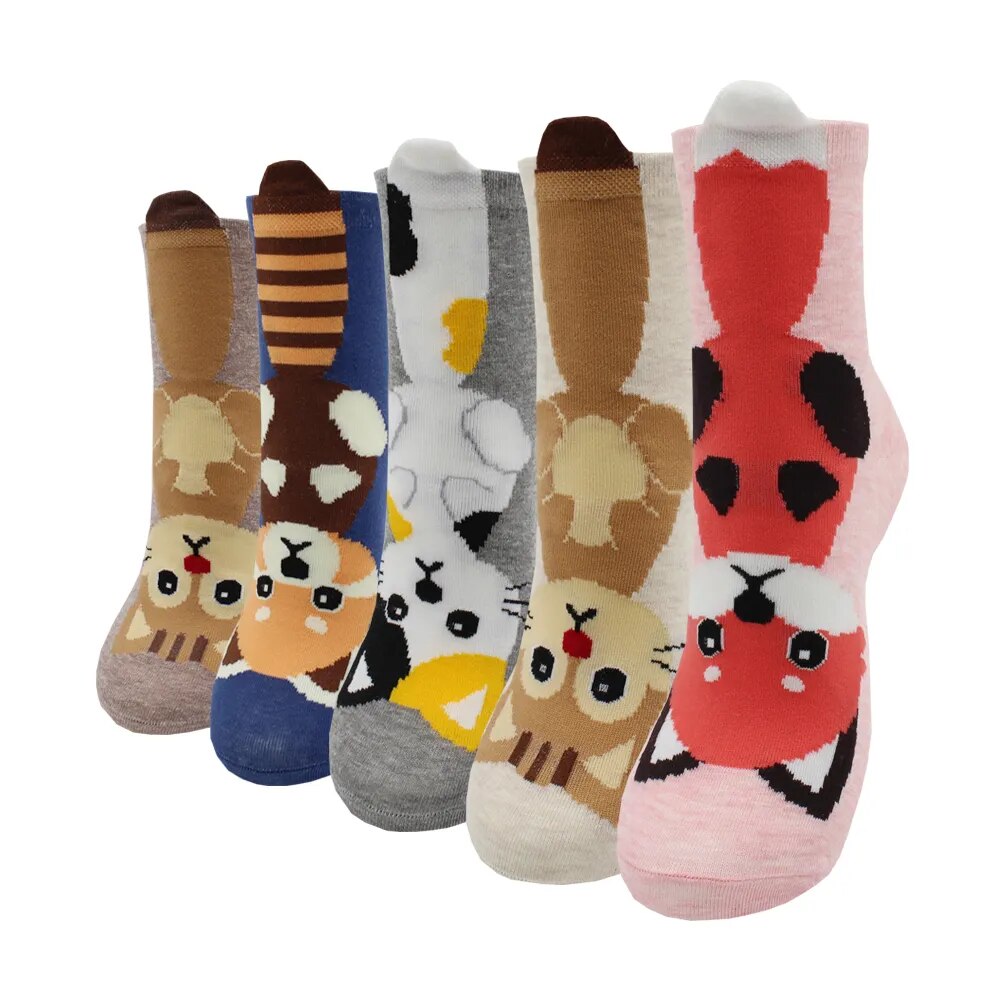 5 Pairs Fashion Colorful Kawaii Cute Cartoon Cotton Women Socks Harajuku Korean Halloween Cat Dog Owl Duck Fox Girl Socks