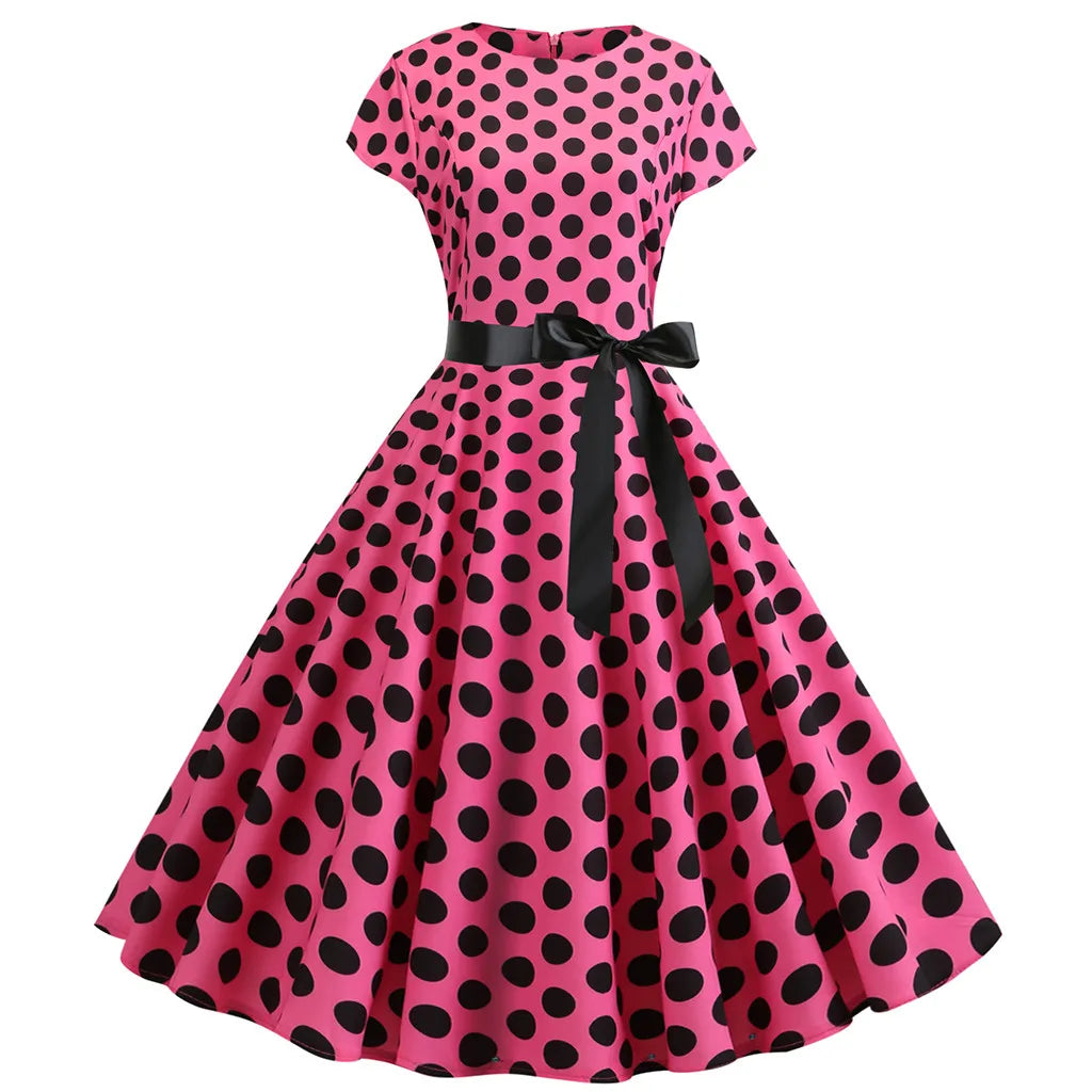 Women Vintage 1950s 60s Polka Dot Print High Waist A-line Swing Party Dress Retro Short Sleeve With Belt Evening Prom Dress