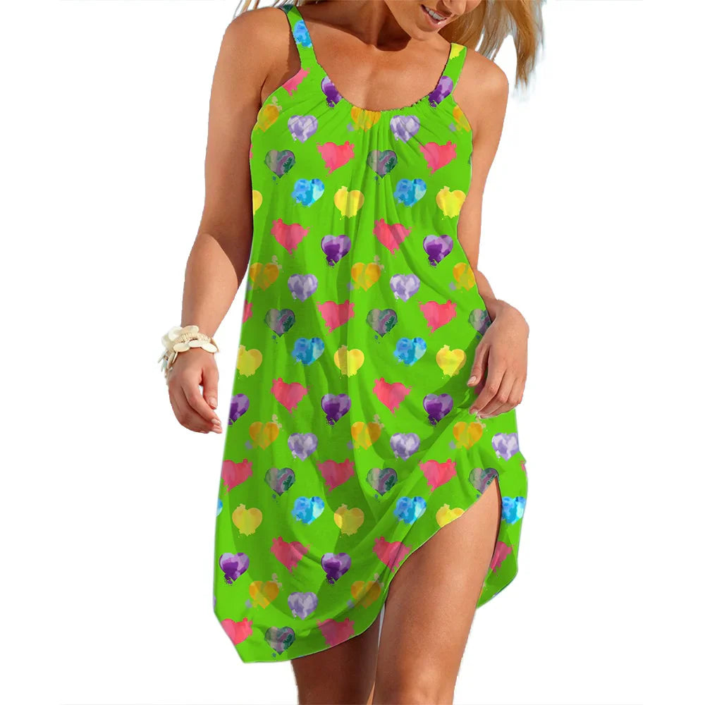 Women's Slip Dress Heart Shape Casual Beach Clothes Summer Woman  Seaside Skirt Streetwear Lady Soft Dresses Sleevesless Tops
