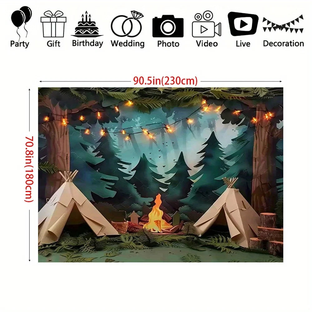 1 Photography Camping Background - Forest Scene Party Background with Tent, Fire Pit, and Light String