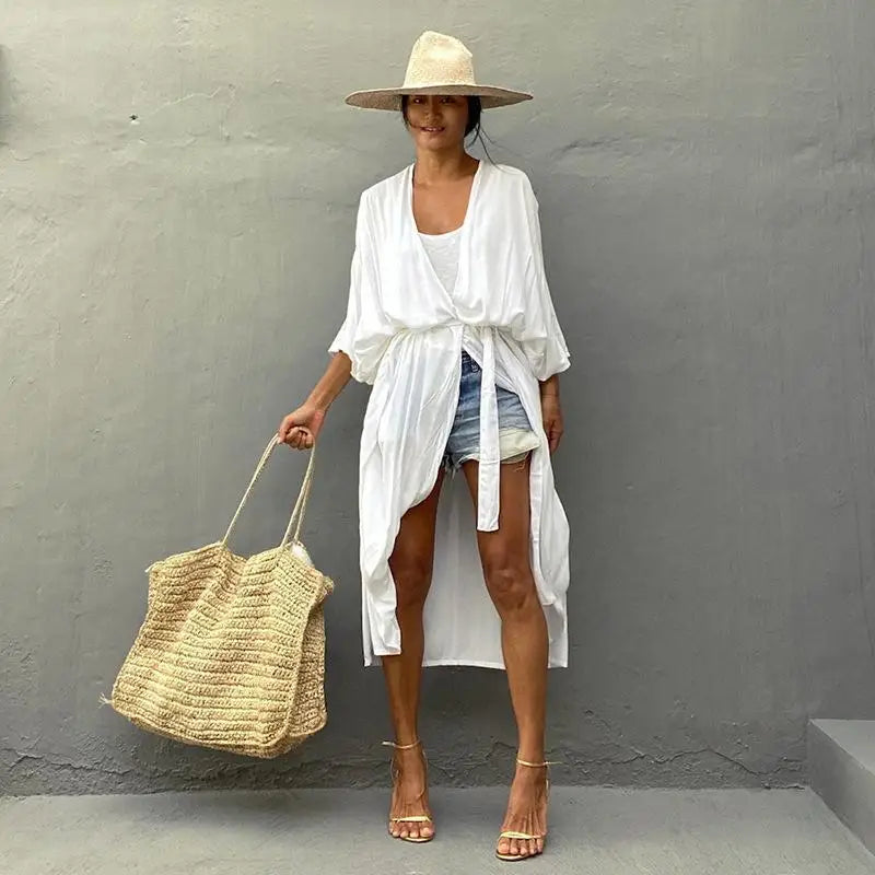 WeHello-Women's Beach Cover Up Kimono, Summer Swimsuit Cape, Solid Bohemian Tunic Dresses, Bathing Suits, Cardigan, Shawl