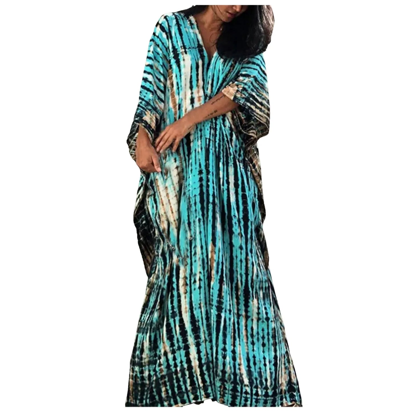 Womens Plus Size Kaftans Casual V Neck Puff Sleeve Boho Loose Floral Long Soft Beach Maxi Summer Swing Party Dresses For Women