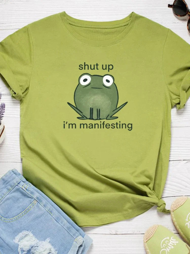 I'm Manifesting Frog Print Women T Shirt Short Sleeve O Neck Loose Women Tshirt Ladies Tee Shirt Tops Clothes Camisetas Mujer